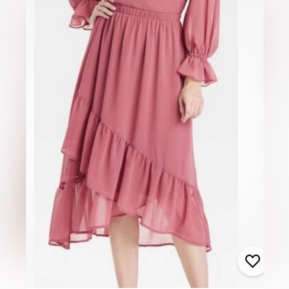 A New Day Ruffle Midi Skirt Bohemian Rose, Asymmetrical hem, layered skirt